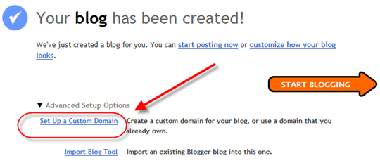 create a blog in blogspot, confirmation of succesfully created blog.